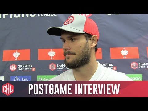 Tomáš Kundrátek of Oceláři Třinec after a comeback win against Lahti Pelicans