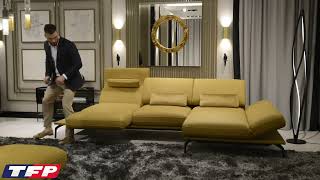 LEATHER/FABRIC 2 SEATER SOFA WITH CHAISE AND ADJUSTABLE HEADREST- Quiera | The Furniture People