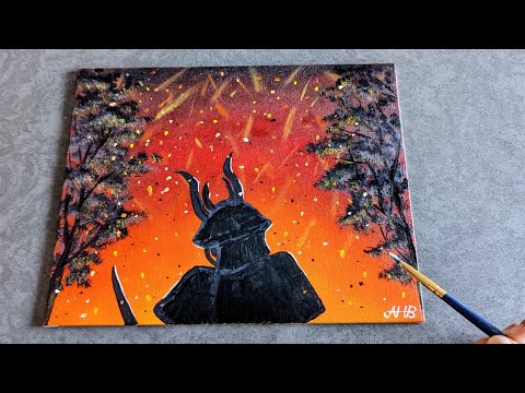 Easy Samurai with a fire Sunset background painting tutorial #90