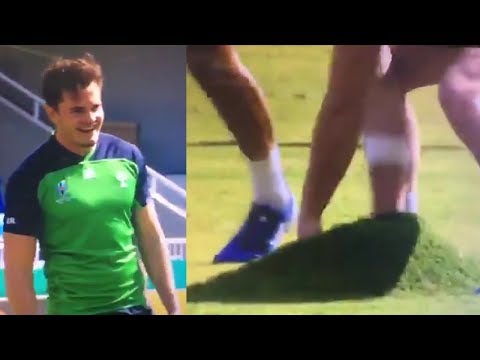 Ireland Rugby players tuck ball under flap of turf amid concerns over Fukuoka rugby pitch