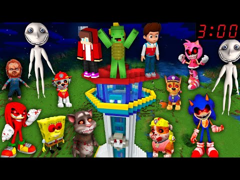 Scary MONSTERS vs Paw Patrol Security House in Minecraft Maizen JJ and Mikey SONIC MAN FROM WINDOW