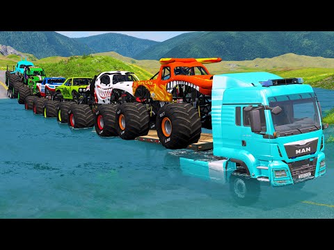 Quad Flatbed Long Trailer Monster Trucks Transport Car Rescue - Cars vs Deep Water#9