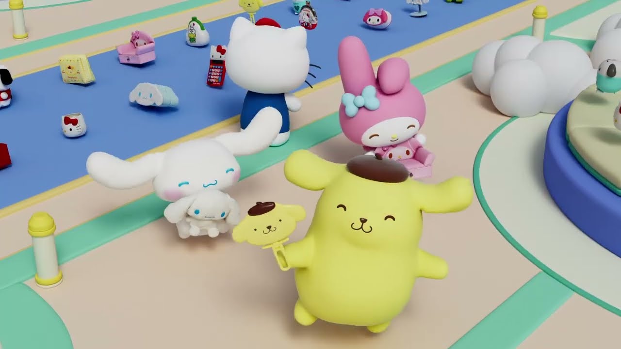 ハローキティ マーチマッチのロゴとサンリオキャラクターズを描いた公式動画画像