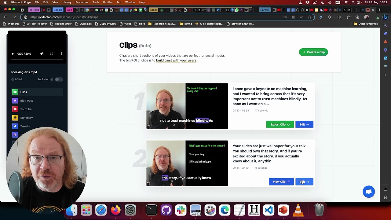 VideoTap "clips":  generated small videos from text highlighted in the transcript of a bigger one.