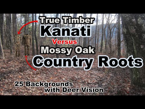 True Timber Kanati Vs Mossy Oak Country Roots camo in Human and Deer Vision on 25 Backgrounds