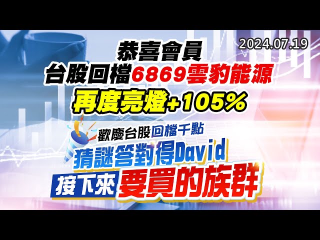 20240719《股市最錢線》#高閔漳 “恭喜會員，台股回檔6869雲豹能源再度亮燈+105%”“歡慶台股三天回檔千點，猜謎答對得David接下來要買的族群”