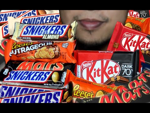 ASMR "Snickers Almond, Reese's Nutrageous, Mars, Snickers Chocolate Bar, Kikat Dark Chocolate"