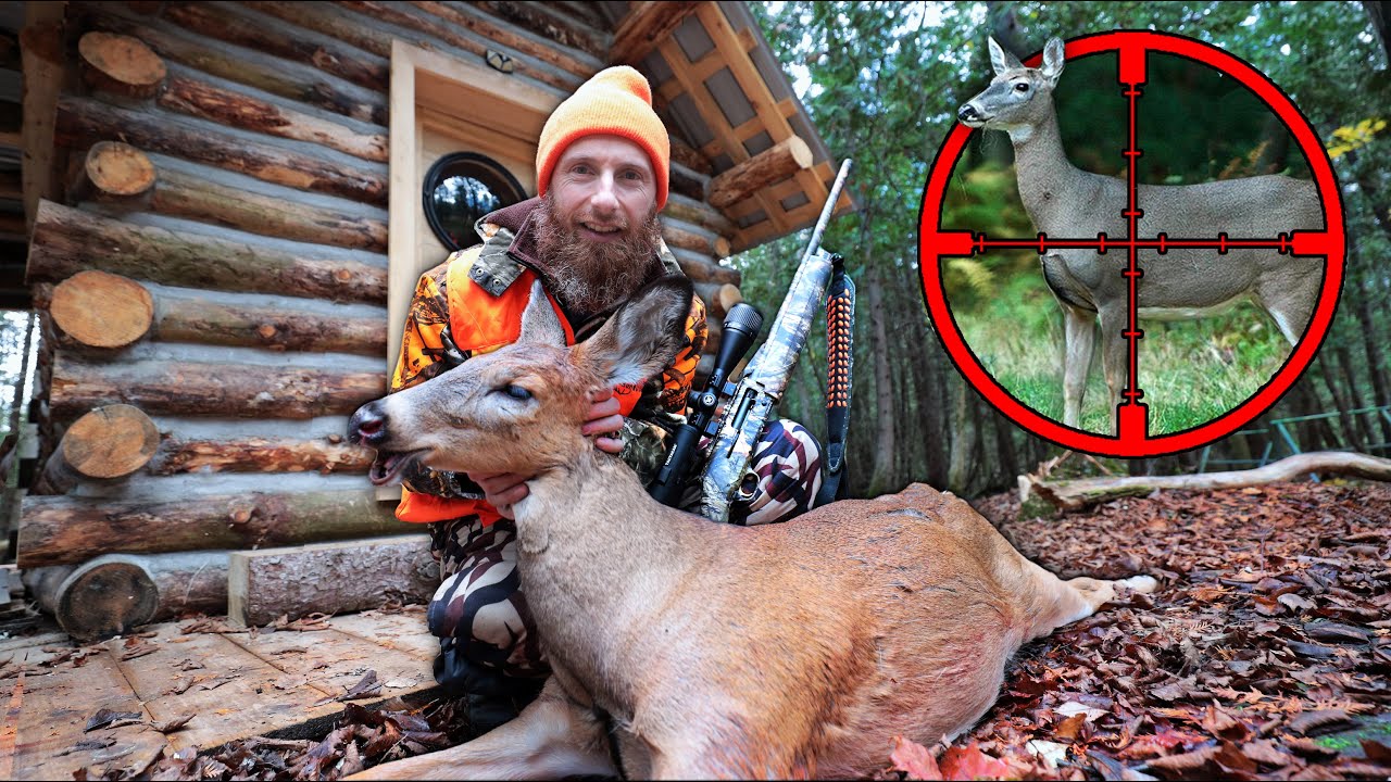 Surviving at the Log Cabin - First Time Gun Hunting Deer Success! Catch, Clean, and Cook