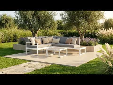 Salotto angolare da giardino alluminio bianco effetto rovere con cuscini