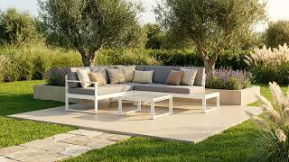 Set Salotto da Giardino in Alluminio Bianco Effetto Rovere Divano e Tavolino con Cuscini - Silvia Domo Mea