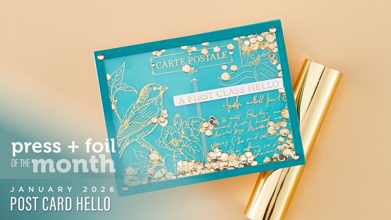 Spellbinders January 2026 BetterPress & Foil Plate of the Month – Post Card Hello