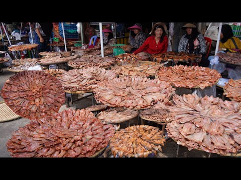 Cambodian Dry Fish Market Scene - Daily Lifestyle & Activities Of Khmer People Buy Dry Fish