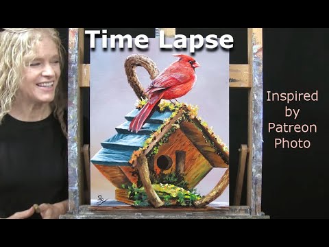 Learn How to Draw and Paint with Acrylics CARDINAL ON BIRDHOUSE-Easy Beginner Tutorial - Time Lapse