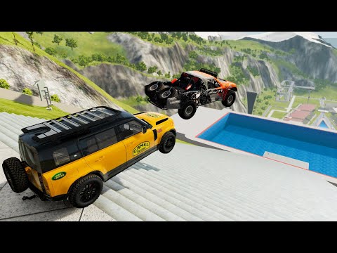 Stairs Jumps Down In Big Pool (Crash Test) - BeamNG.drive Down Stairs Jumps In Pool