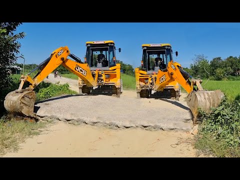 JCB Backhoe Breaking Old Culvert Bridge For New Bridge Construction - JCB 3DX Power