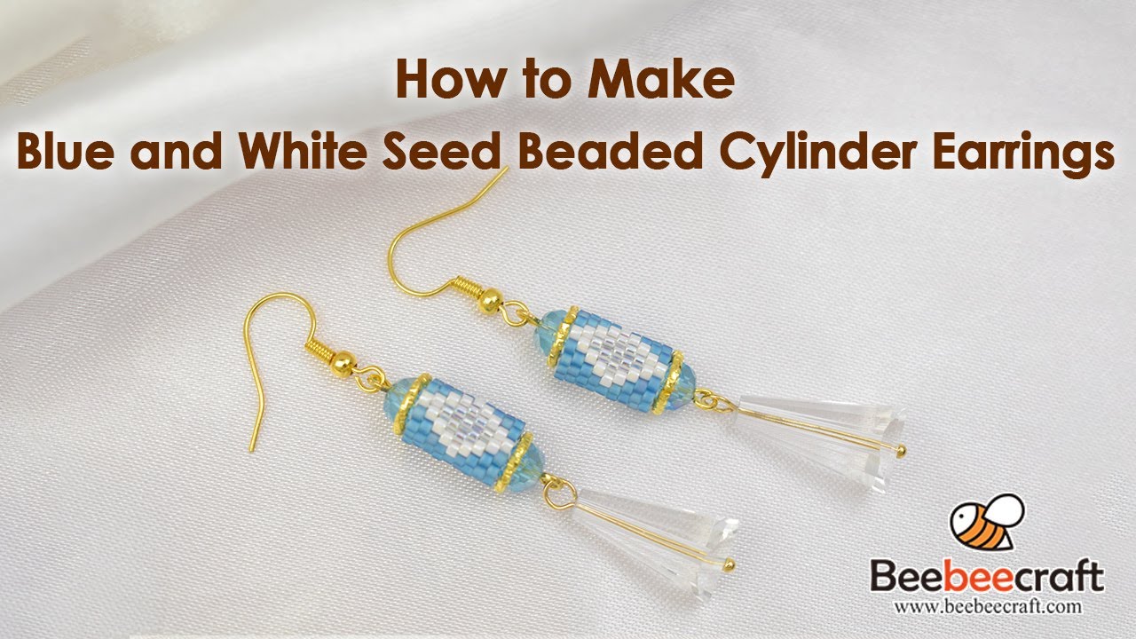How to Make Blue and White Seed Beaded Cylinder Earrings