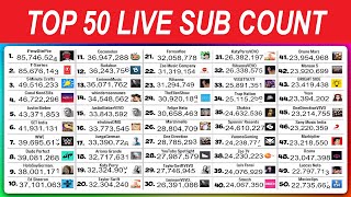 TOP 50 YouTube Sub Count 24/7 LIVE: PewDiePie VS T-Series, MrBeast &amp; More!