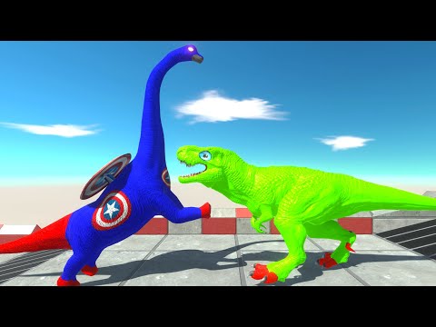 CAPTAIN AMERICA BRACHIOSAURUS vs GREEN T-REX DEATH FALL - Animal Revolt Battle Simulator