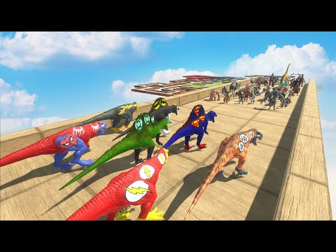 SUPERHEROES DINOSAURS CHASE SPEED RACE TO EAT ANIMALS - Animal Revolt Battle Simulator Race