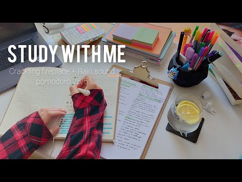 1.30-Hour Study With Me☂️🌧️ Rain sound🔥🪵 crackling fireplace/Pomodoro 25-5 real-time