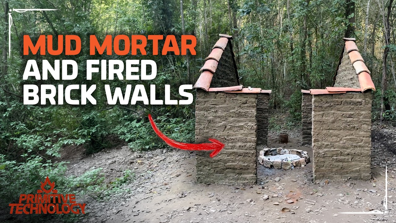 Primitive Technology | Building Walls with Fired Bricks and Mud Mortar