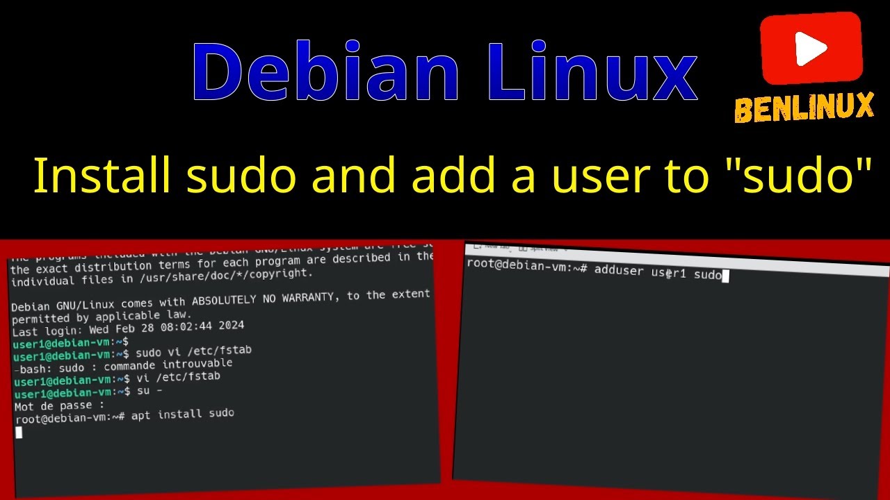 Debian Linux: How to install sudo and configure a user to use 