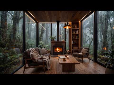 Rainy Forest Glass Cabin Ambience with Relaxing Music for Sleep and Deep Focus