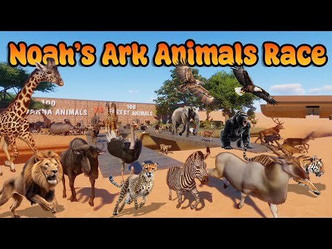 100 Savanna VS 100 Forest Animals Race in Noah's Ark Planet Zoo included Elephant, Giraffe, Horse