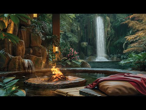 Zen Garden On Rainy Day🍃Serenity with Warm Bonfire, Stream and Waterfall - Meditation, Relaxation