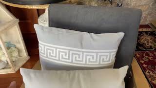 Choice of Size, Cotton Gray Pillow w/ White Double Greek Key Stripes