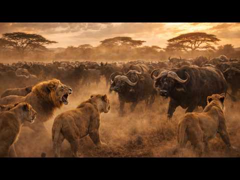 A Natural Encounter Between A Pride Of Lions And A Herd Of Buffaloes On The Savannah