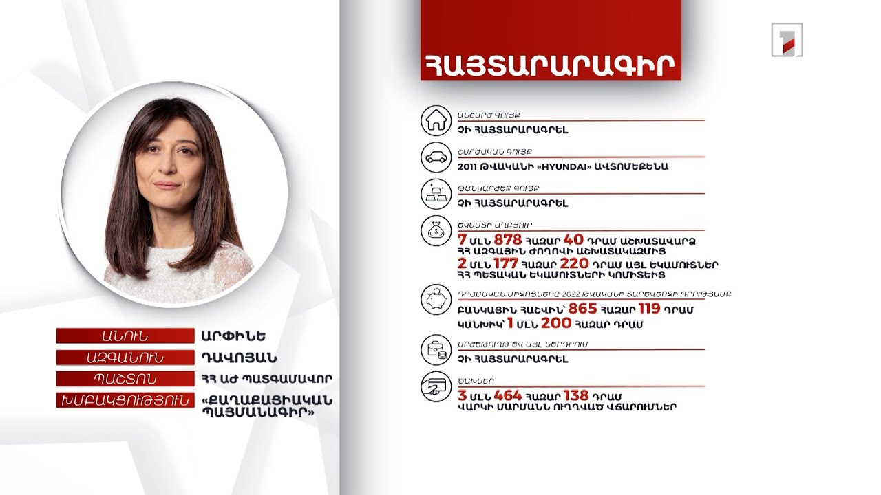 Ավտոմեքենա, 2 մլն 65 հազար դրամ. ՀՀ ԱԺ պատգամավոր Արփինե Դավոյանի հայտարարագիրը