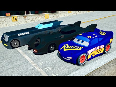 Fabulous Lighting McQueen vs Batmobile 1989 vs Batmobile DC COMICS - Drag Race 10 KM