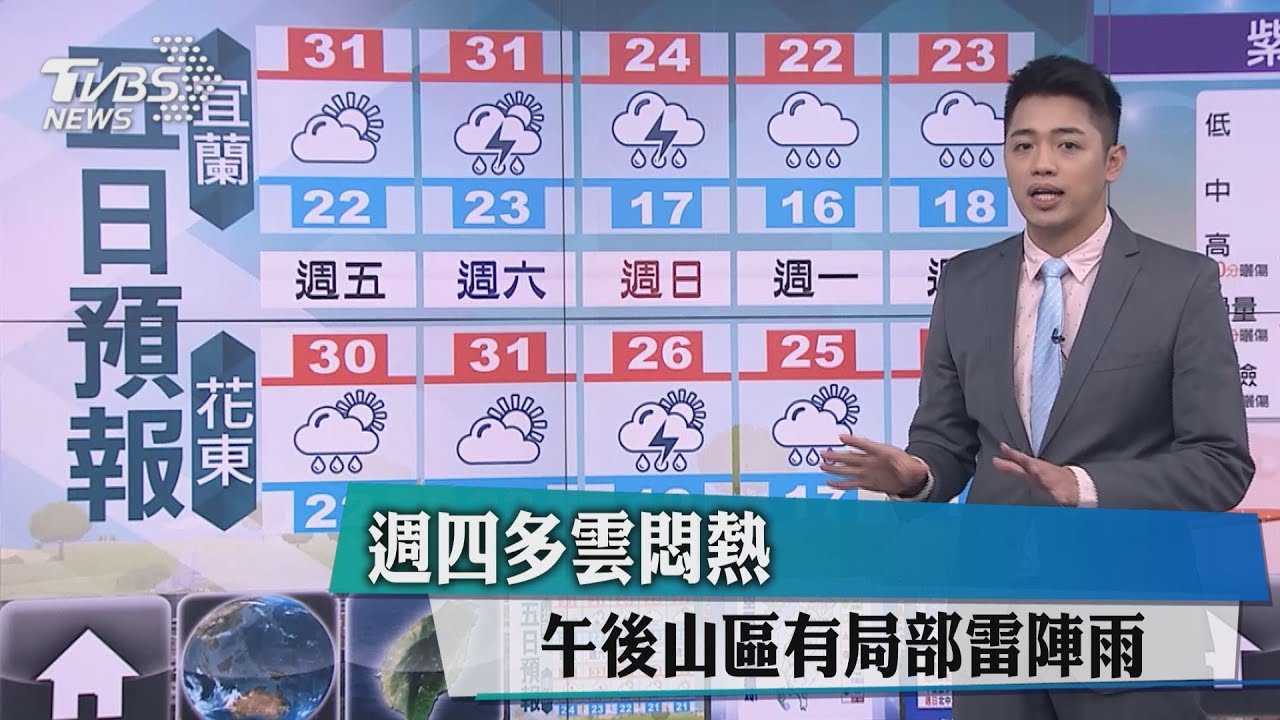 週四多雲悶熱 午後山區有局部雷陣雨