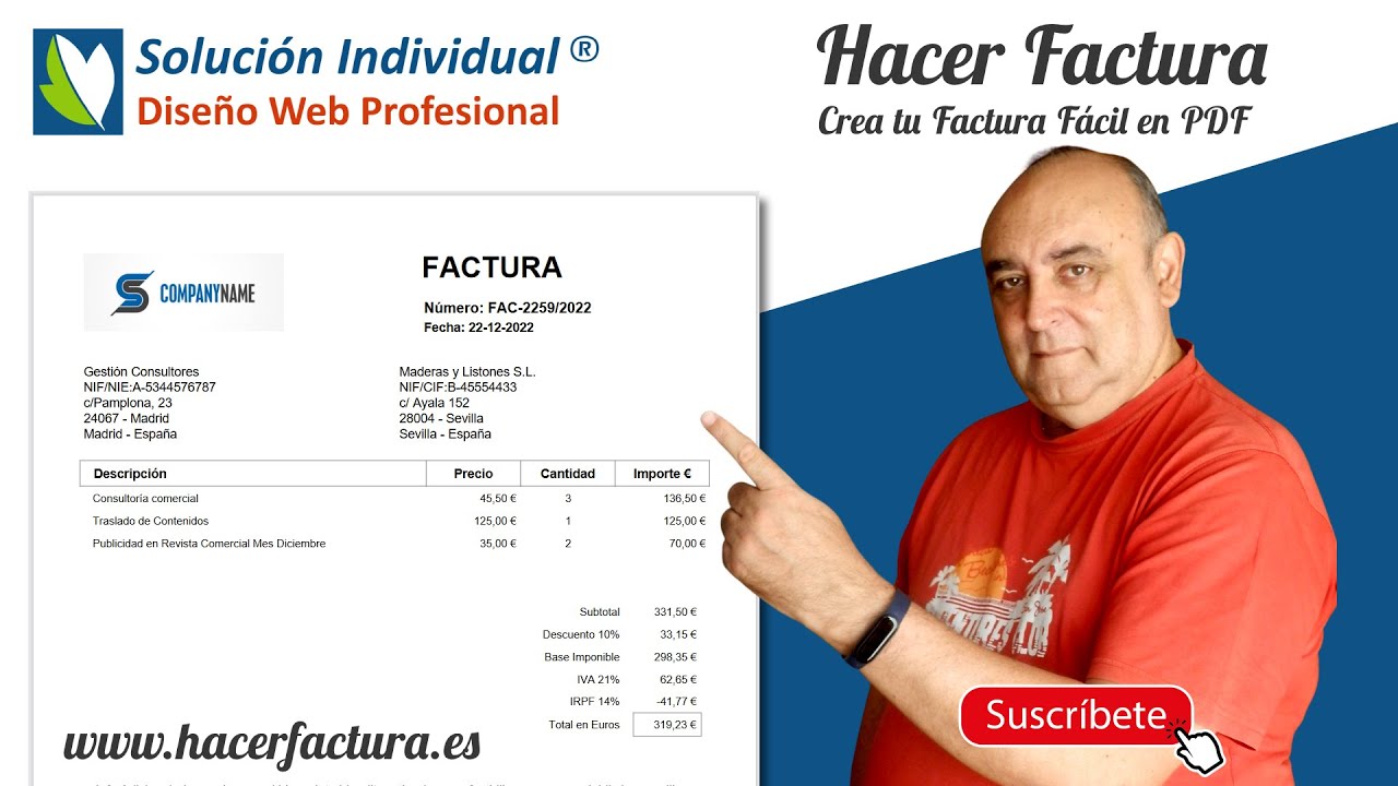 Hacer Factura Online Fácil y en PDF con impuestos IVA, IGIC y Retención IRPF