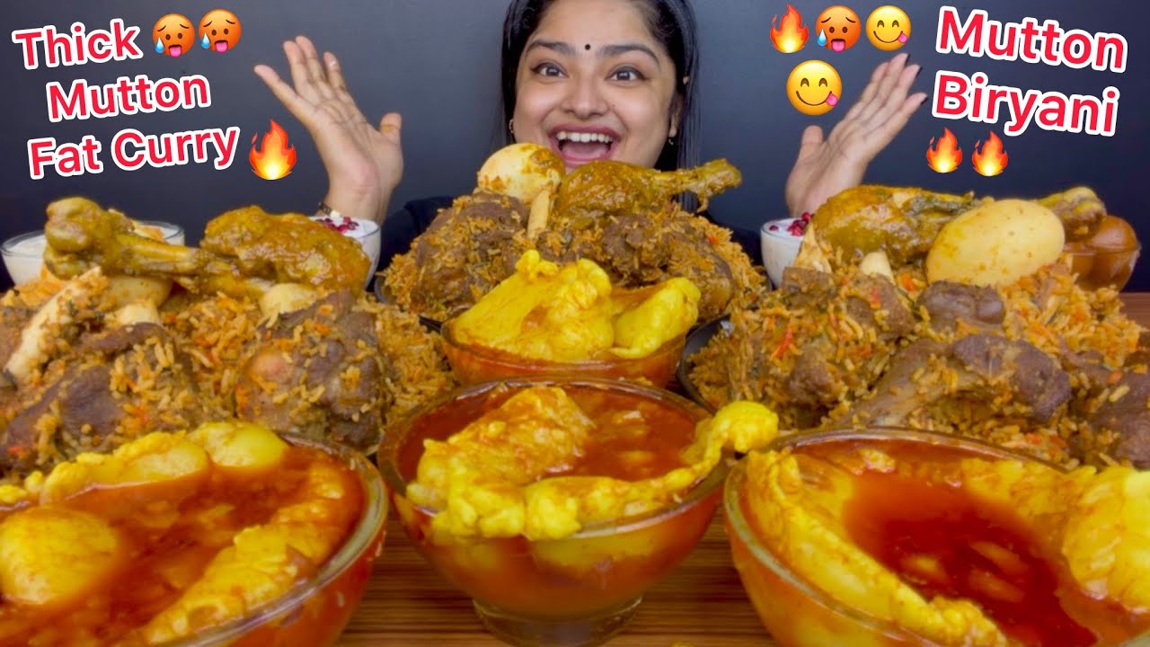 THICK JUICY SPICY MUTTON FAT CURRY, MUTTON NALLI BIRYANI AND SPICY CHICKEN KOSHA WITH RAITA, KHEER