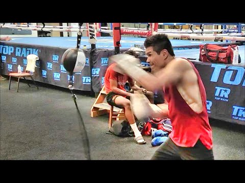 Gold medalist & world champ Daniyar Yeleussinov punishes the double end bag at Top Rank