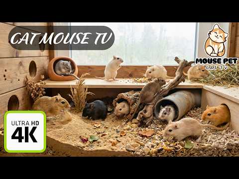 Mouse Cat TV: Real Gerbils Hiding and Playing Through Brick Holes | 4K 60FPS