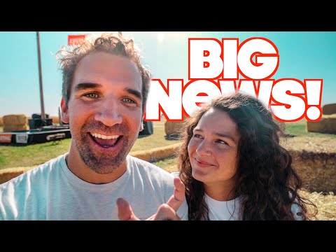 Two friends take a cheerful selfie outdoors with a bold 'BIG NEWS!' headline overlay in white and red letters.