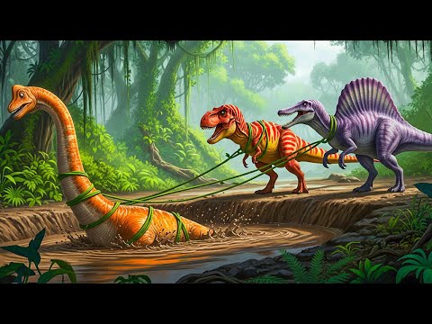 T-Rex & Spinosaurus Rescue Brachiosaurus from Quicksand! 🦖🦕🌳