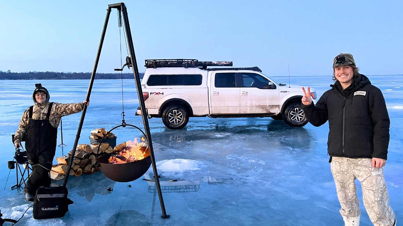 Overnight Truck Camping on a Frozen Lake - Shrimp Po Boys
