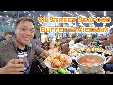 Incrível buffet de frutos do mar vietnamita de US$ 8 ao vivo na rua - Buffet da cidade de Ho Chi Minh 199K