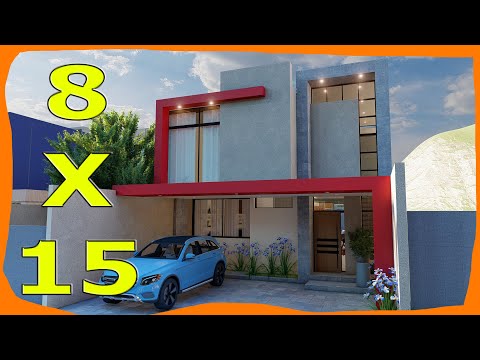 💥Fachada de CASA Moderna 8x15 de DOS PLANTAS