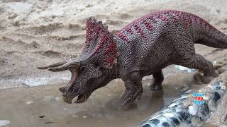 Dinosaurs in the watering hole sandbox - Fun Dinos video for kids