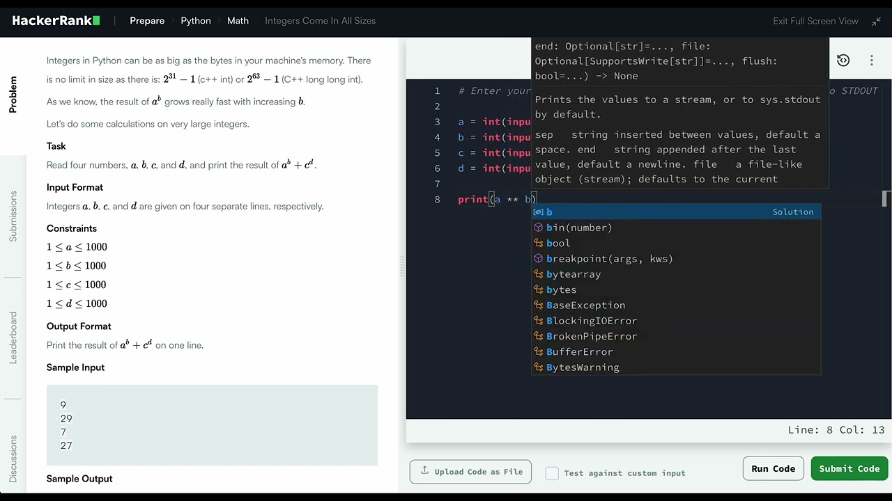 Hackerrank Python Solution #5 Math - Python: Integers Come In All Sizes