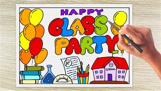 Happy Class Party Poster Drawing Tutorial, Easy Step by Step drawing for beginners