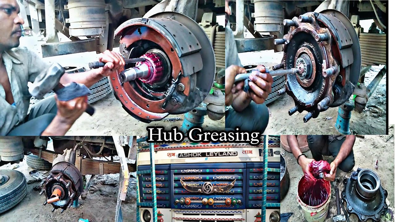 Ashok Leyland Front Wheel Hub greasing//how to grease front wheel hub//cleen and setting wheel hub