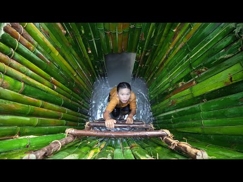 Girl Living in the Jungle, Build The Most Bamboo Temple Tunnel House With Swimming Pools
