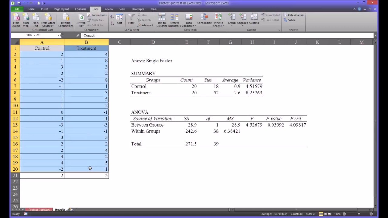 Pretest and Posttest Analysis Using Excel