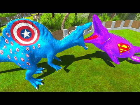 CAPTAIN AMERICA SPINOSAURUS vs SUPERMAN MOSASAURUS DEATH RUN - Animal Revolt Battle Simulator